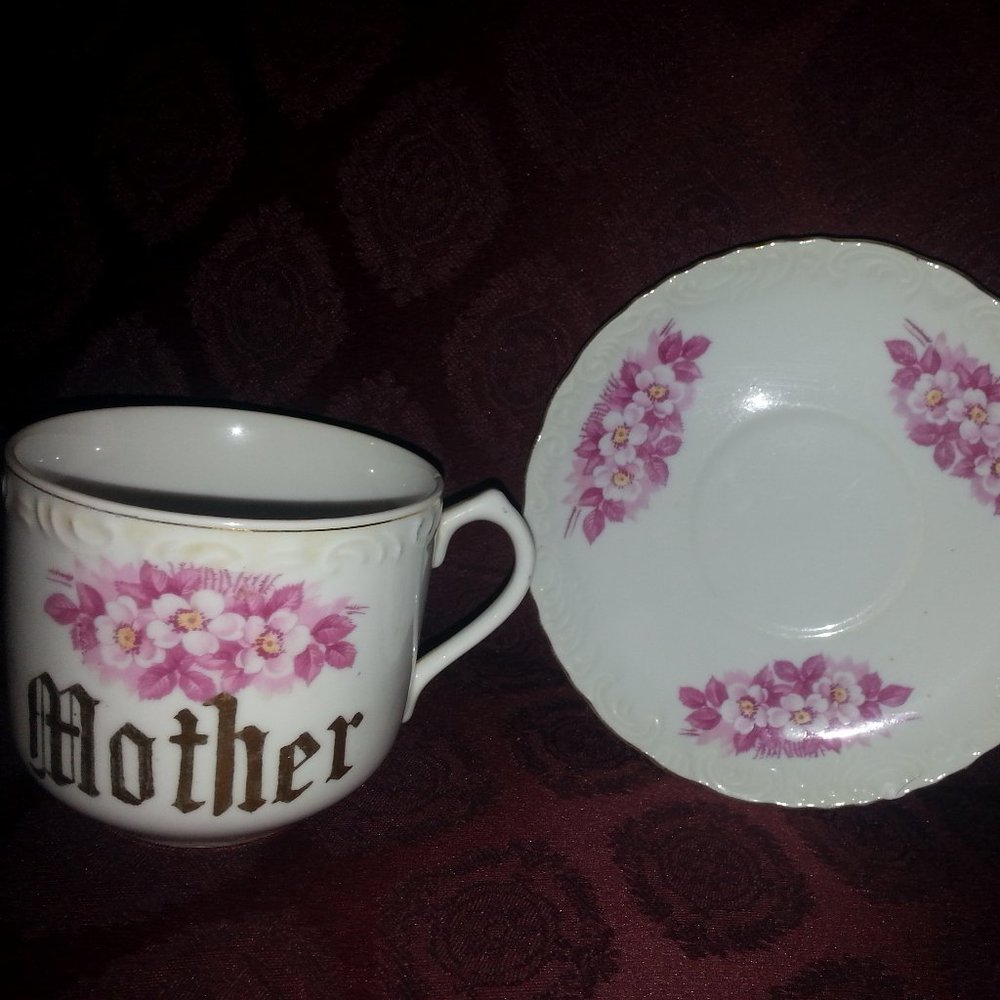 Vintage Cup/Mug & Saucer Mother* decorated with flower, Golden Rim Made in Japan